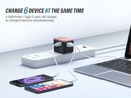 EPICKA Universal Travel Adapter with 1AC/1 USB-C/4 USB-A Ports - color: Rose Gold
