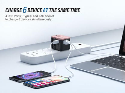 EPICKA Universal Travel Adapter with 1AC/1 USB-C/4 USB-A Ports - color: Rose Gold