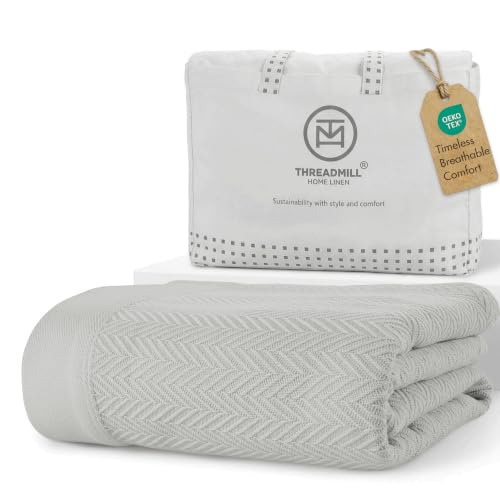 Threadmill Luxury 100% Cotton Queen Herringbone Blanket, Light Grey - color: Light Grey, size: Queen (90" x 92")
