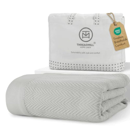 Threadmill Luxury 100% Cotton King Herringbone Blanket, Light Grey - color: Light Grey, size: King (106" x 92")