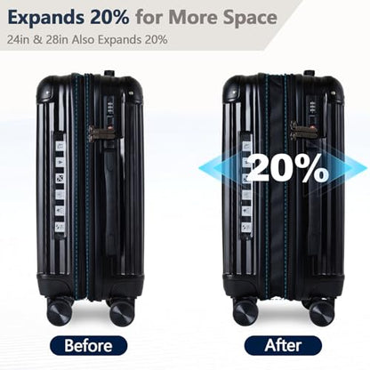 OUZZO Luggage Sets 2 Piece Expandable 20/24 Inch Suitcase with Double Spinner Wheels Lightweight ABS+PC Hardshell Travel Suitcase Sets with TSA Lock USB Port Business & Family Trips - color: Black, size: 20/24 inch