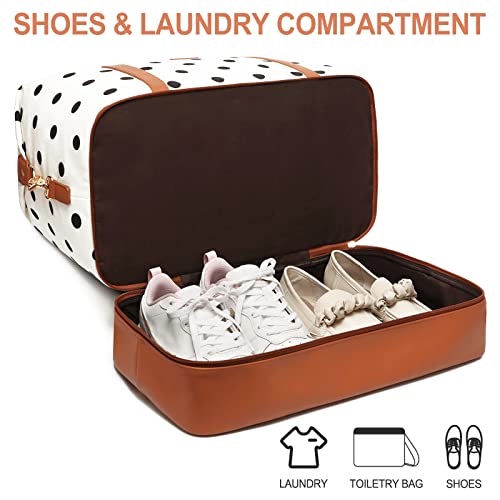 3Pcs Set Polka Dots Weekender Bags for Women Canvas Carry On Overnight Bag Travel Duffle Tote Bag for with Shoes Compartment, Brown