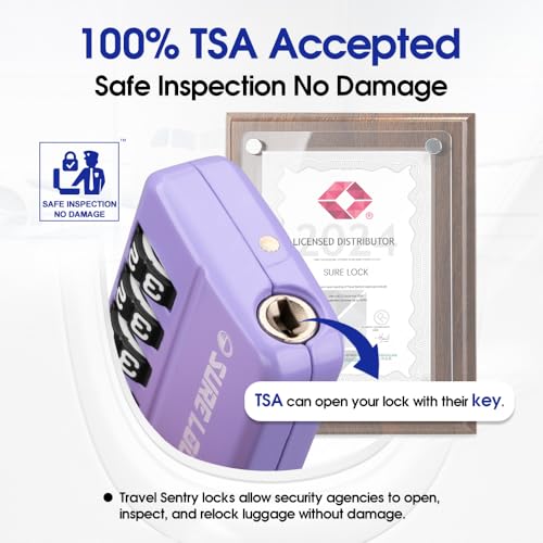 SURE LOCK TSA-Approved 4-Digit Resettable Combination Luggage Lock with Open Alert, Easy-Read Dials - for Luggage, School Lockers, Gym, Office, Toolbox & Security Cases (Purple 2 Pack) - color: PURPLE 2PACK