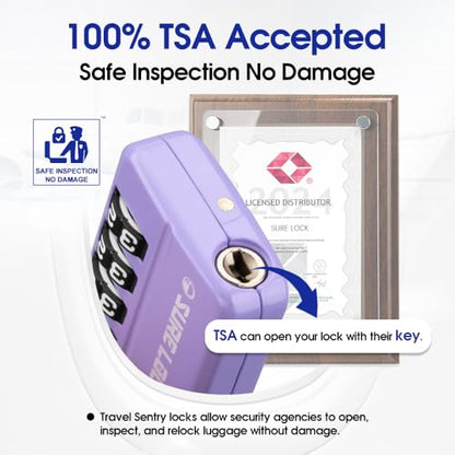 SURE LOCK TSA-Approved 4-Digit Resettable Combination Luggage Lock with Open Alert, Easy-Read Dials - for Luggage, School Lockers, Gym, Office, Toolbox & Security Cases (Purple 2 Pack) - color: PURPLE 2PACK