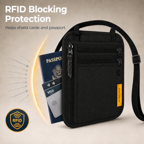 VENTURE 4TH Slim Neck Wallet, RFID Blocking Passport Holder - Black - color: Ebony