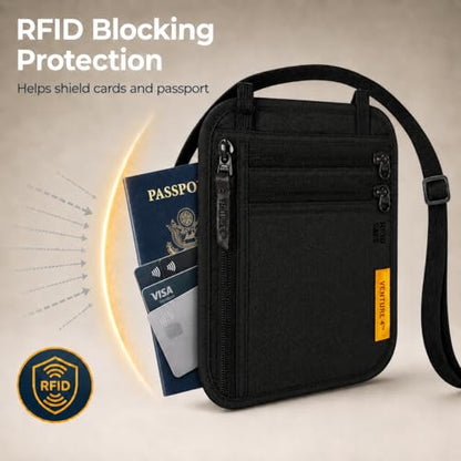 VENTURE 4TH Slim Neck Wallet, RFID Blocking Passport Holder - Black - color: Ebony