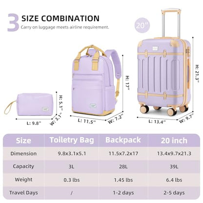 LARVENDER Expandable Carry on Luggage Sets 3 Piece Suitcases Set, Lavender - color: Lavender-20inch BP, size: 3 piece set(BP/TB/20)