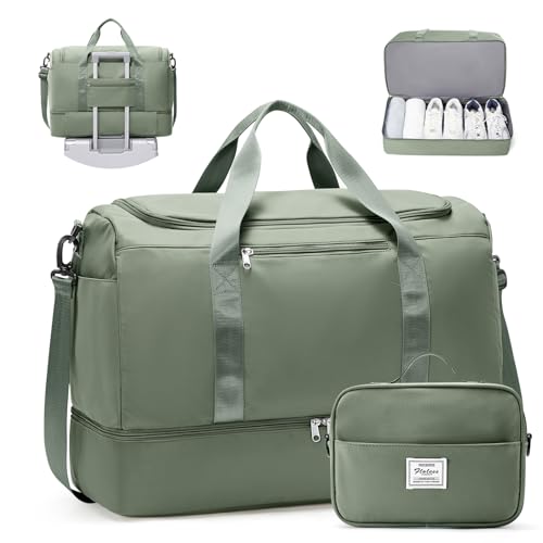Large Travel Duffel Bag with Shoe Compartment, Weekender Bags for Women - color: B-Green with Toiletry Bag, size: Large