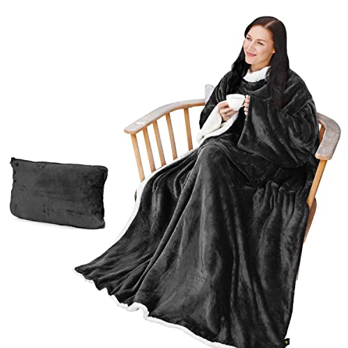 Catalonia Sherpa Wearable Blanket with Sleeves Arms - color: Black