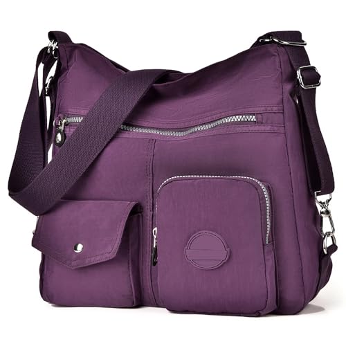 Hobo Purse for Women, Nylon Crossbody Shoulder Handbag Convertible Backpack - color: Purple