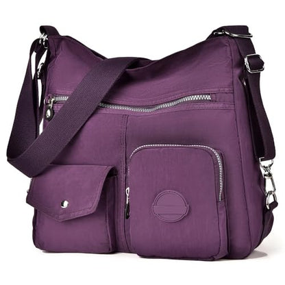 Hobo Purse for Women, Nylon Crossbody Shoulder Handbag Convertible Backpack - color: Purple