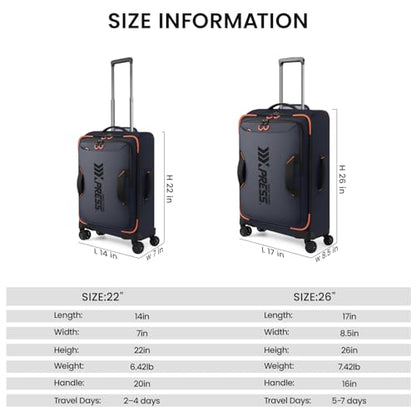 2-Piece Set(22/26in) Softside Luggage Sets w/Spinner Wheels - color: Blue, size: 2-Piece Set (22"/26'')