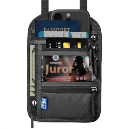 Passport Holder for Travel-RFID Blocking Neck Wallet-Money Pouch - color: Dark Grey