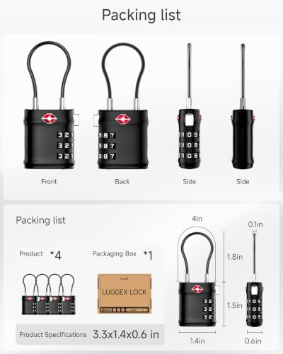 LUGGEX TSA Locks for Luggage, Luggage Locks TSA Approved,Charcoal Black, 4 - color: Charcoal Black