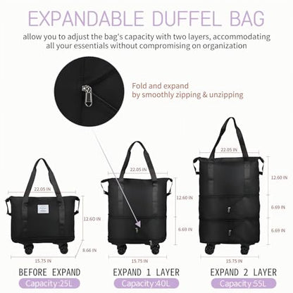 Expandable Foldable Duffle Bag with Wheels, Detachable Rolling Wheels & Telescopic Handle, Lightweight Carry On Travel Bag for Men Women, Ideal for Business Trip Gym Weekend Getaway - color: Pink