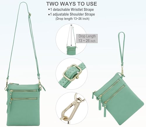 Solene Small Crossbody Bag for Women, Multi Zip Pockets with Detachable Wristlet, Lightweight Travel Purse, Cell Phone Pouch - color: Turquoise
