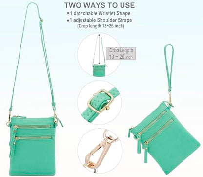 Solene Small Crossbody Bag for Women, Multi Zip Pockets with Detachable Wristlet, Lightweight Travel Purse, Cell Phone Pouch - color: Turquoise