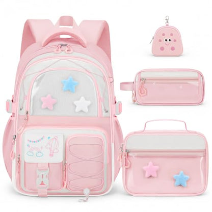 Girls Backpack with Lunch Box, 4 PCS Pink Kawaii School Bookbag for Girls - color: Pink