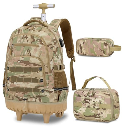 ACESAK 3PCS Camo Rolling Backpack for Boys with Lunch Box Pencil Case - color: Camo Khaki