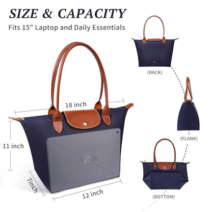 Tote Bag for Women Nylon Top-Handle Purse,Lightweight Large Capacity Shoulder Hobo HandBag with Zipper Foldable - color: Dark Blue