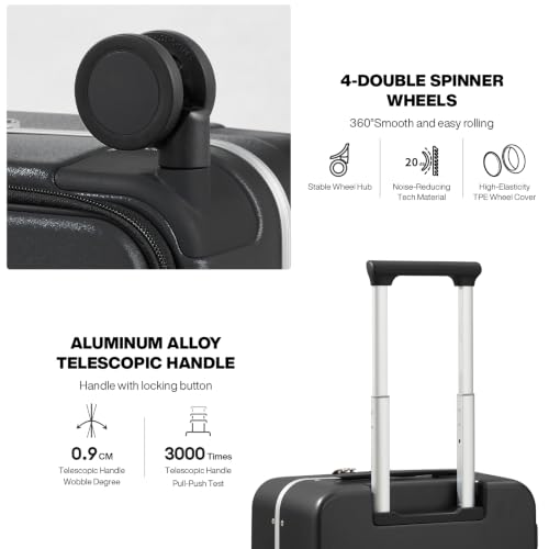 mixi Carry On Luggage, 20'' Suitcase with Front Pocket, Travel Rolling Luggage Aluminum Frame PC Hardside with Spinner Wheels & TSA Lock and Cover - Black - color: Black, size: 20-inch