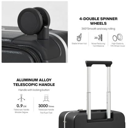 mixi Carry On Luggage, 20'' Suitcase with Front Pocket, Travel Rolling Luggage Aluminum Frame PC Hardside with Spinner Wheels & TSA Lock and Cover - Black - color: Black, size: 20-inch