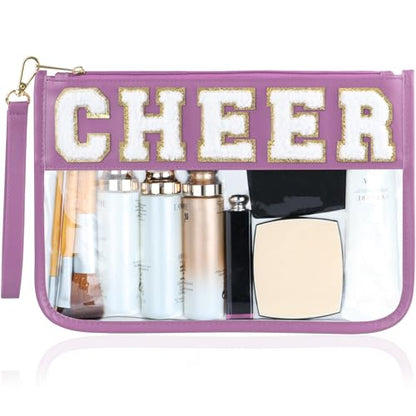 BuyCard Cheer Chenille Letter Bags Clear Makeup Bag, Cheerleader Gift Cosmetic Bag, Varsity Preppy Patch Flat Pouch Cheer Accessories, Waterproof PVC Organizer Toiletry Bag for Women Girls Purple - color: Purple-Cheer