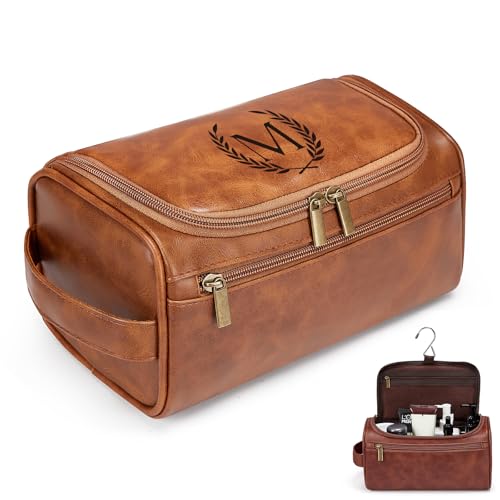 Travel Toiletry Bag Hanging For Mens PU Leather - Yellow Brown (Initial M) - color: Yellow Brown, style: M
