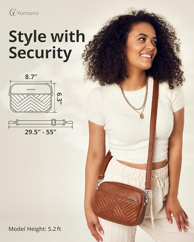 Vantamo Premium Quilted Crossbody Bags for Women with Anti-Pickpocket Clip, Vegan Leather Handbags, Travel Purses for Women - color: Coffee