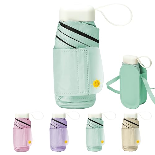 Mini Travel Folding Umbrella - Small Compact Sun Retractable Umbrella with Case, Lightweight Portable UPF 50+ Rain UV Protection Windproof Parasol for Pocket Backpack Women Girls Lady - color: Green