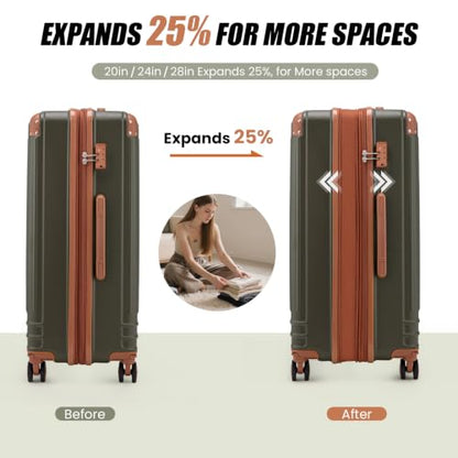 KUNEL Luggage Sets 5 Piece, Hardshell Expandable Suitcase, 20/24/28inch - color: Olive