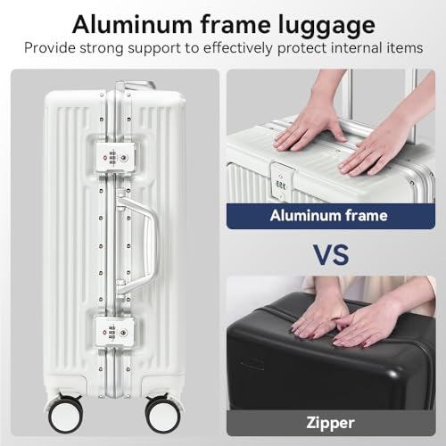 Aluminum Frame Carry On Luggage with Front Pocket, White - color: White, size: 20 Inch