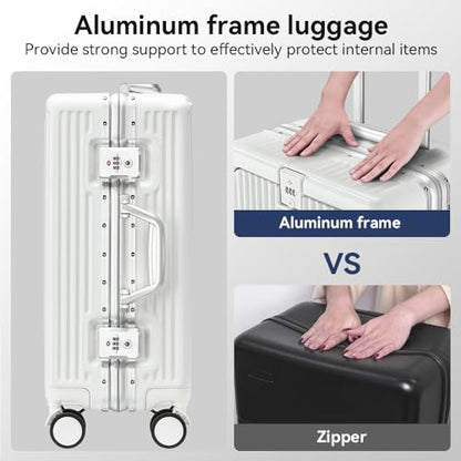Aluminum Frame Carry On Luggage with Front Pocket, White - color: White, size: 20 Inch