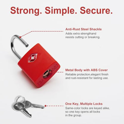 TSA Locks for Luggage with Key, Travel Luggage Locks TSA Approved 4 Pack, Small Padlock with Key, Same Keyed Mini Padlock for Suitcase, Backpack, Bag, Purse, Tent, Zipper, Tool Box (Red) - color: Red