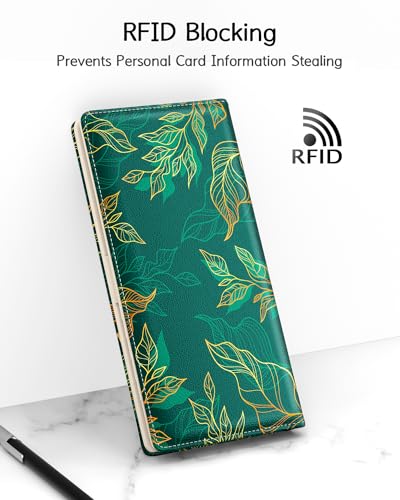 Womens Wallet, RFID Slim Wallet, Credit Card Holder Purse, Leather Bifold - color: Luxury Green Leaf