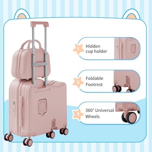 TABU Ride On Luggage Set with Bag, Carry On Suitcase for Kids, Pink - color: Pink