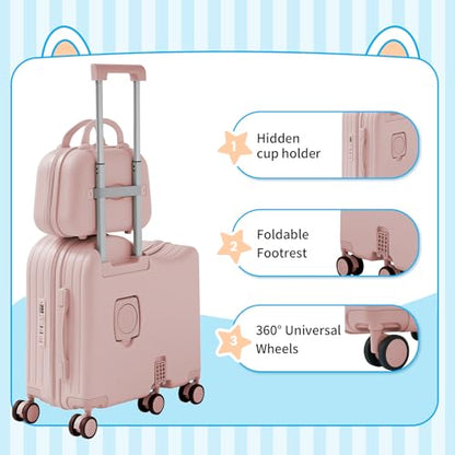 TABU Ride On Luggage Set with Bag, Carry On Suitcase for Kids, Pink - color: Pink