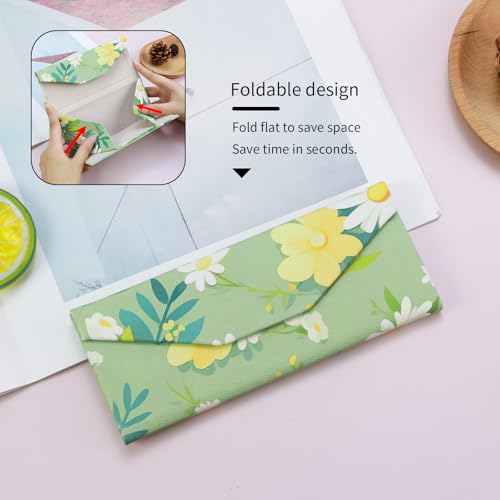 Foldable Glasses Case, Magnetic PU Leahter Sunglasses Case, Cute Hard Shell Folding Eyeglass Cases for Women Kids - color: Green Daisy
