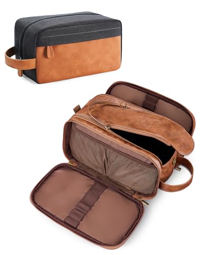 Elviros Toiletry Bag for Men, PU Leather Travel Dopp Kit, 2 Pack Gift Set - color: Brown, size: 2 Piece