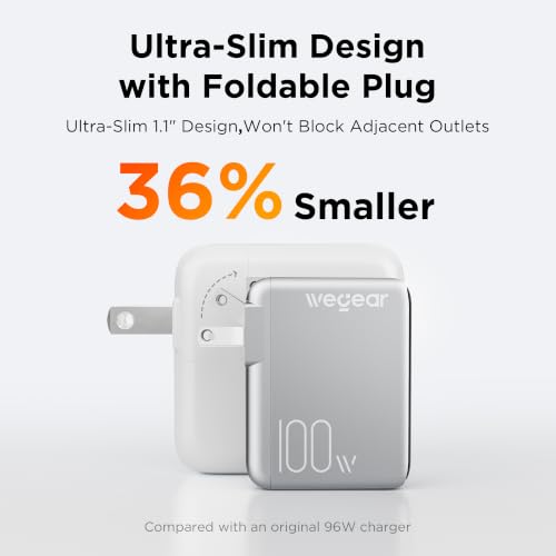 wegear 100W GaN USB C Charger Block, 3-Port Slim Foldable Wall Charger - color: Silver