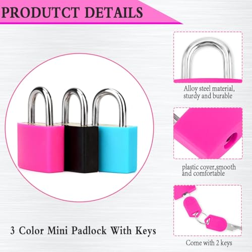 3 Pcs Small Locks with Keys,Multicolor Mini Key Locks, Plastic-Covered Copper Keyed Padlock for Luggage, Backpack, Gym Locker, Suitcase, Boxes - color: Multicolor 3 pcs