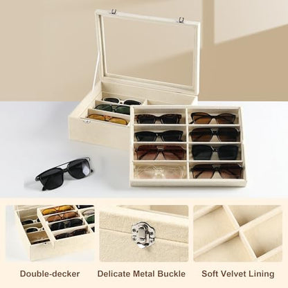 Frebeauty 16-Slot Sunglass Organizer Box,2 Layer Velvet Sunglasses Holder - color: Beige