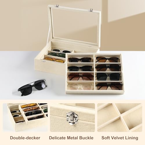 Frebeauty 16-Slot Sunglass Organizer Box,2 Layer Velvet Sunglasses Holder - color: Beige