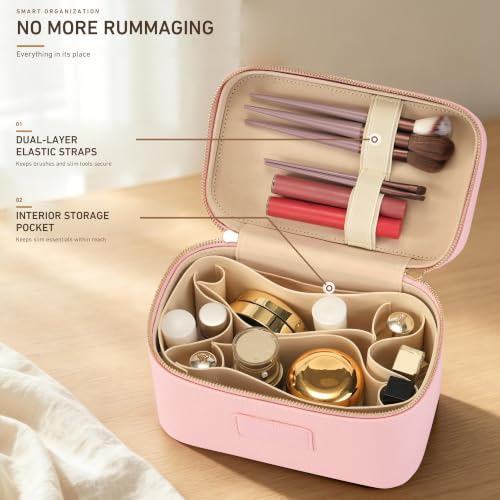 Makeup Bag Travel Toiletry Leather Cosmetic Case, Waterproof Makeup Organizer with Brush Holder, Wipe Clean Removable Divider Vanity Train Bag for Women, Pink - color: Pink