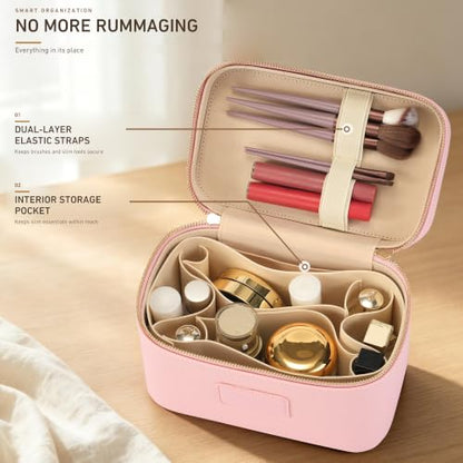 Makeup Bag Travel Toiletry Leather Cosmetic Case, Waterproof Makeup Organizer with Brush Holder, Wipe Clean Removable Divider Vanity Train Bag for Women, Pink - color: Pink