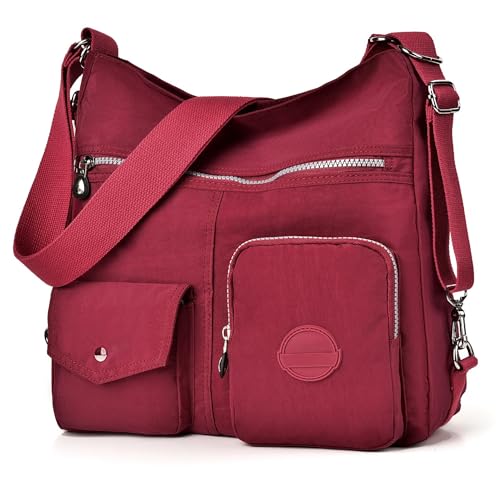 Hobo Purse for Women, Nylon Crossbody Shoulder Handbag Convertible Backpack - color: Red