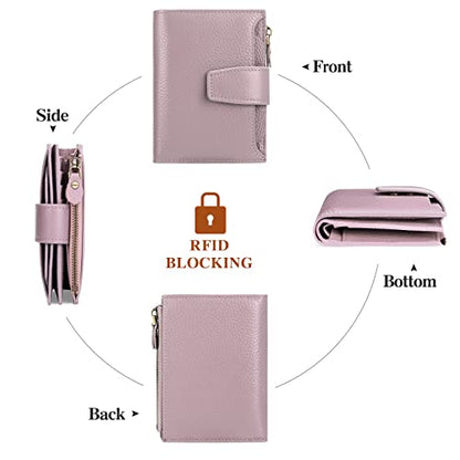 FALAN MULE Small Wallet Women RFID Blocking Leather Bifold Compact Card Holder Wallet with Zipper Coin Pocket - color: Light purple