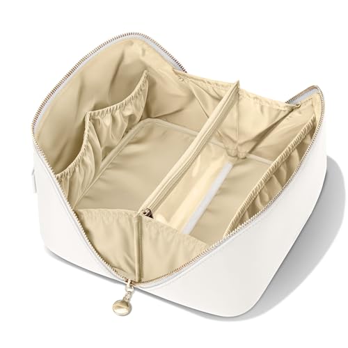 Travel Makeup Bag, Open Flat Cosmetic Bag for Women, Medium lvory - color: lvory White, size: Medium