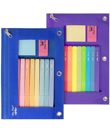 Mr. Pen- Pencil Pouch for 3 Ring Binder, 2 Pack, 10"x6.75", Smooth Zipper - color: Blue and Purple, size: 2 Pack