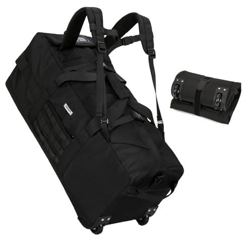 80L Travel Rolling Duffel Bag with wheels, Military Tactical Wheeled Foldable for Deployment Travel Camping Sports - color: Black